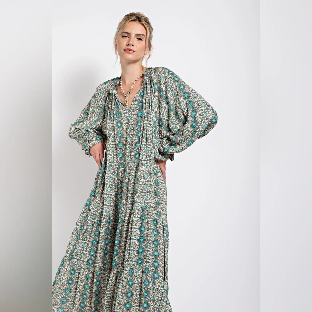 Easel Paisley Mint Green Printed Long Sleeve Gauze Maxi Dress - Picture 1 of 10